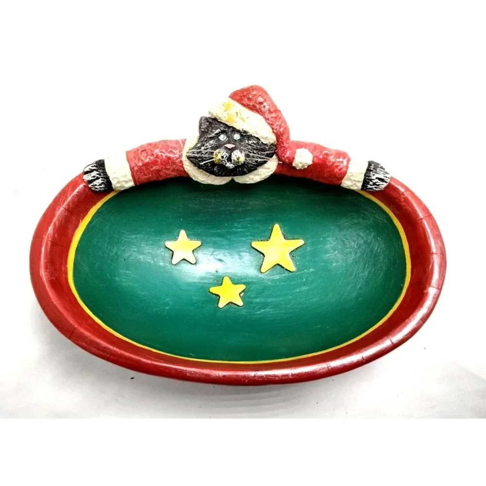 Kurt S Adler Oval Bowl Santa Cat Vintage Candy Dish Distressed Decor